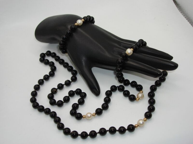 Vintage 14K gold onyx and pearl necklace and bracelet set