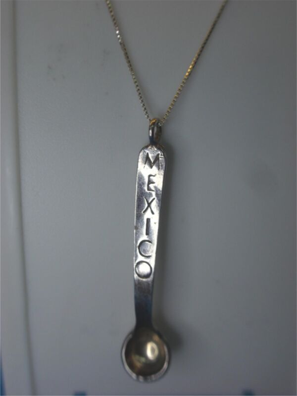 Sterling silver cooking spoon pendant necklace with 'MEXCO' inscription, 18 inch chain