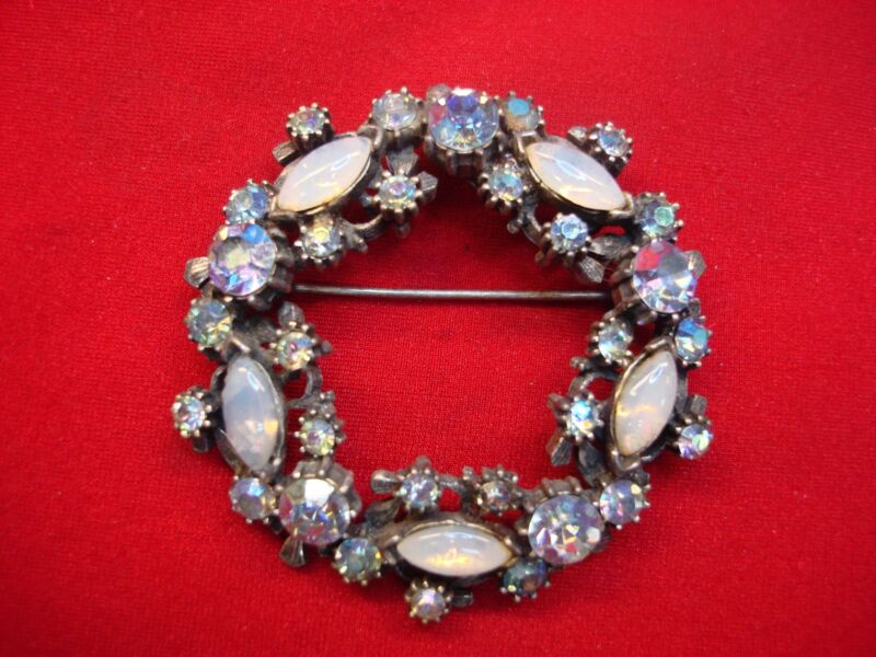 Vintage Florenza signed rhinestone and opal brooch