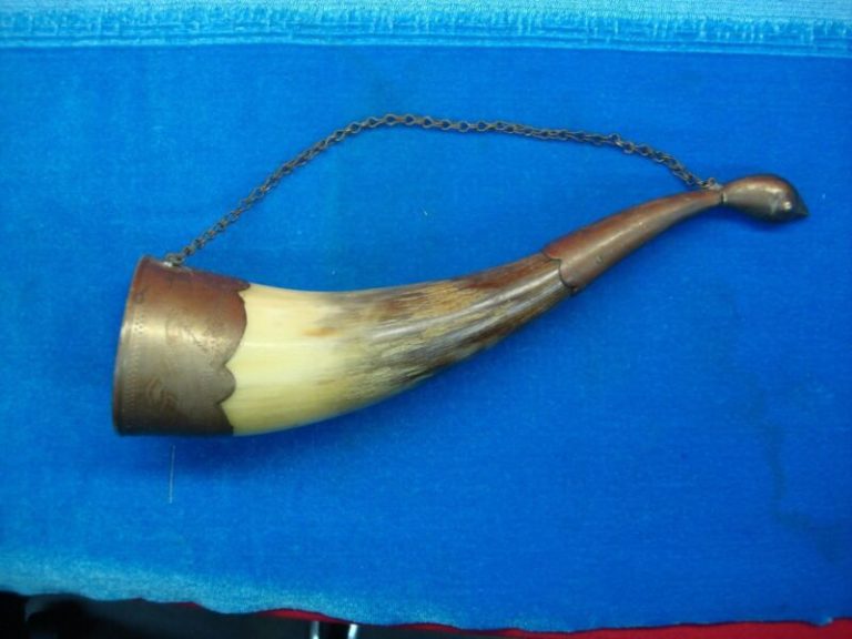 Vintage Powder Horn Replica Wall Hanging - Carved Horn & Bird Head