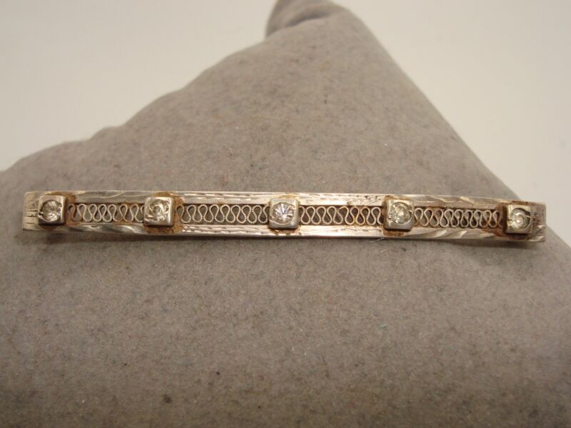 Art Deco Sterling Silver Filigree Bar Pin with Diamonds