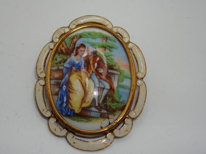 Vintage Thomas L. Mott enameled scene brooch or pendant, signed and made in England