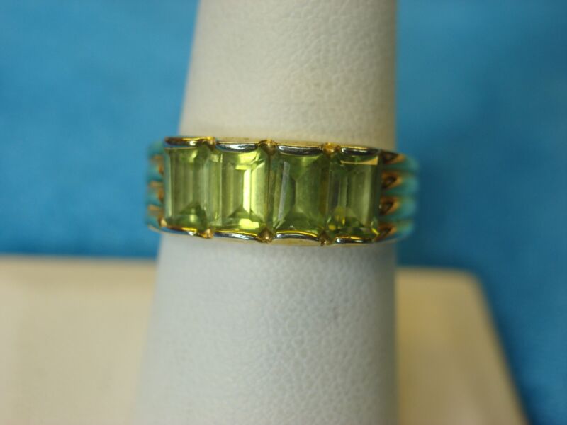 Sterling Silver & Gold Vermeil Ring with Pale Green Emerald Cut Stones - Size 8