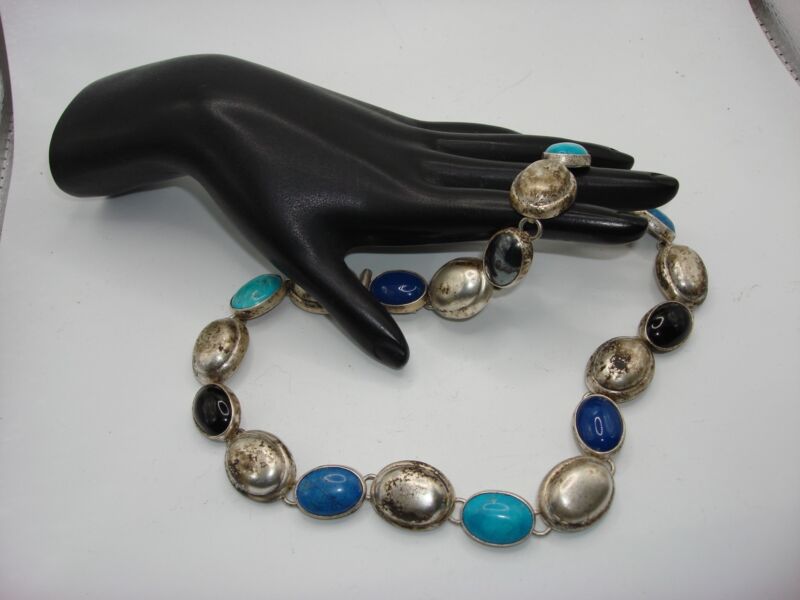 Vintage Mexican sterling silver lapis, onyx, and turquoise necklace