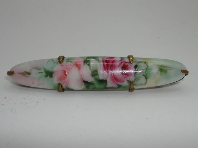 Vintage Art Nouveau Porcelain Pin - Hand-painted Roses & Leaves