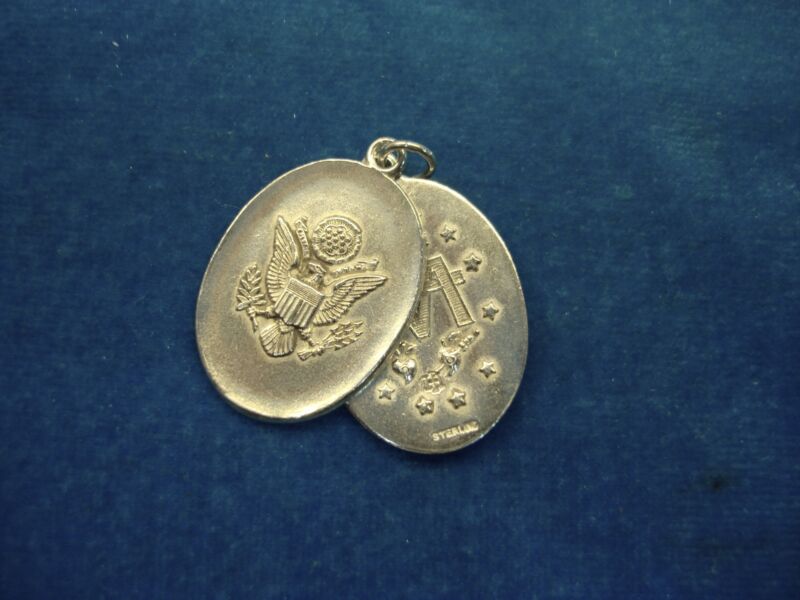Vintage sterling silver double-sided charm with Blessed Mary and U.S. Army emblem