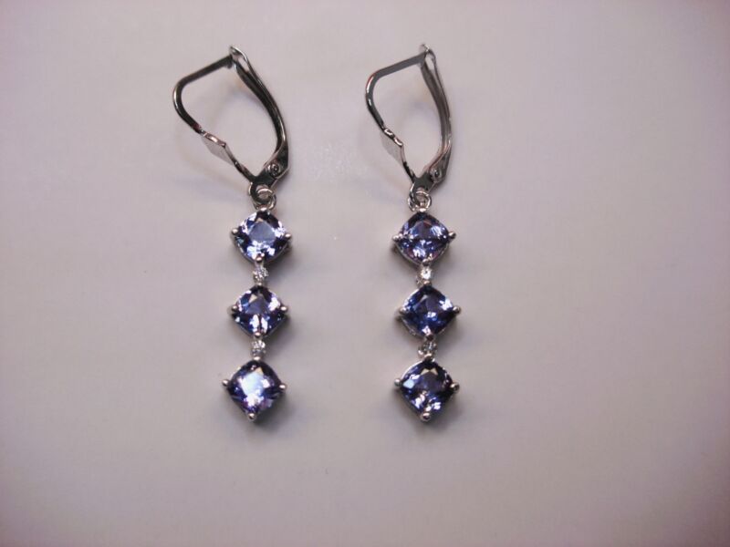 10K white gold Tanzanite drop earrings with three stones