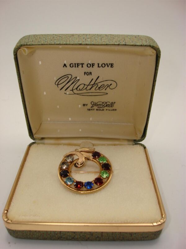 Vintage Van Dell 12K gold filled mother brooch in original box