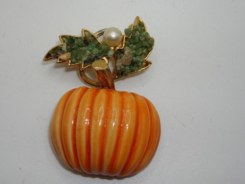 Vintage BSK Jade Pumpkin Brooch - Gold Tone, Enamel & Faux Pearl
