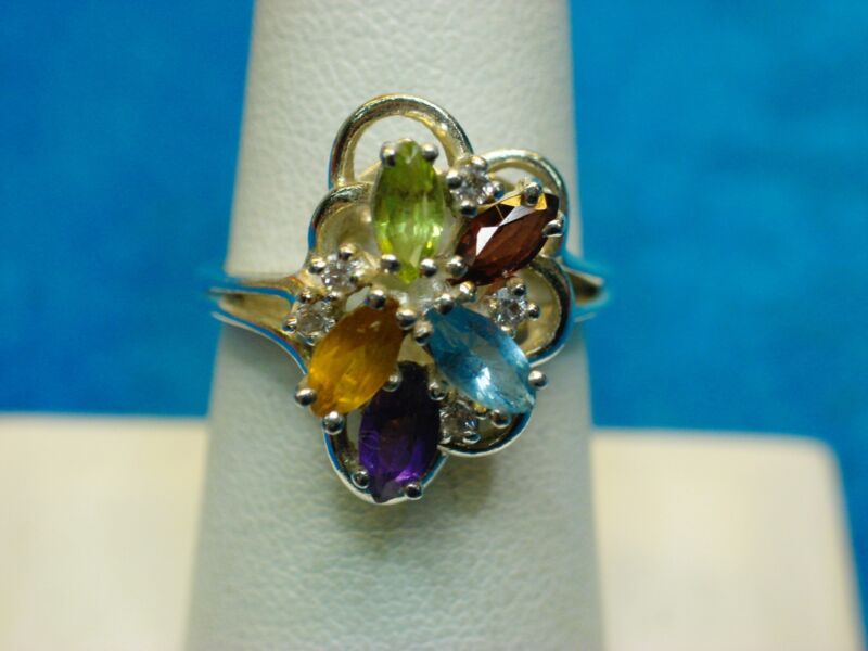 Sterling Silver Marquise Ring with Multicolor Gemstones, Size 8