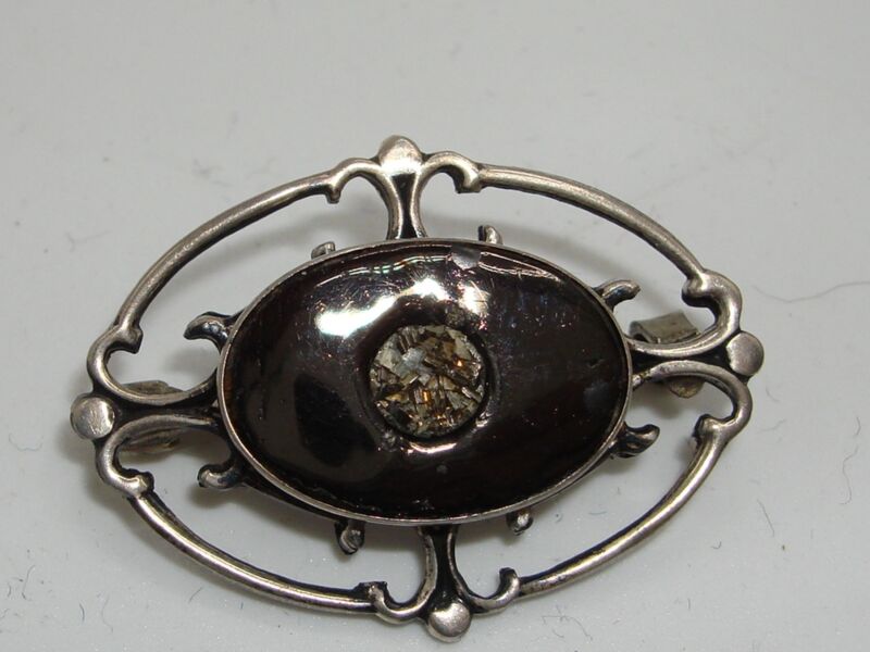 Vintage Art Deco Sterling Silver Fleur-de-Lis Brooch with Enamel & Sparkling Inset