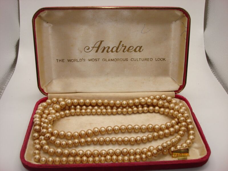 Vintage Andrea Champagne Faux Pearl Necklace (56" Long) - Original Box