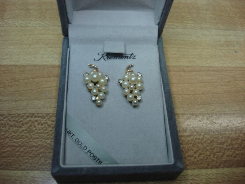 Vintage Krementz Faux Pearl Cluster Earrings with Rhinestones and Original Box