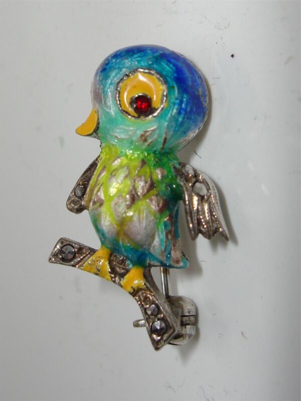 Vintage sterling silver plique-à-jour bird pin with enamel and marcasites