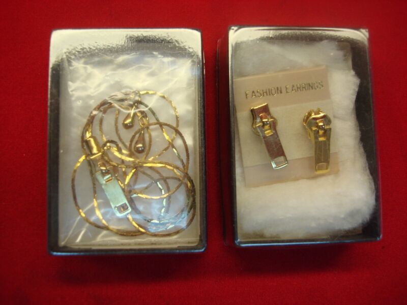 Vintage zipper pull earrings and necklace set, high fashion statement jewelry