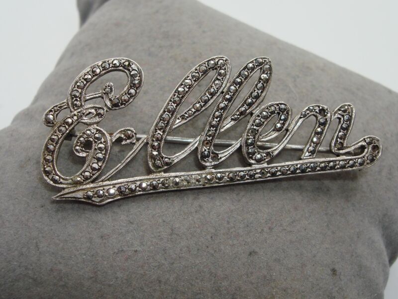 Antique Art Deco sterling silver and marcasite name brooch engraved with 'Ellen'
