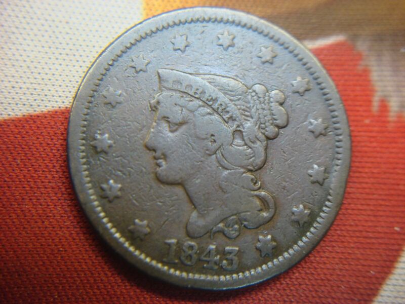 1843 Small Letter Large Cent coin in excellent, uncleaned condition