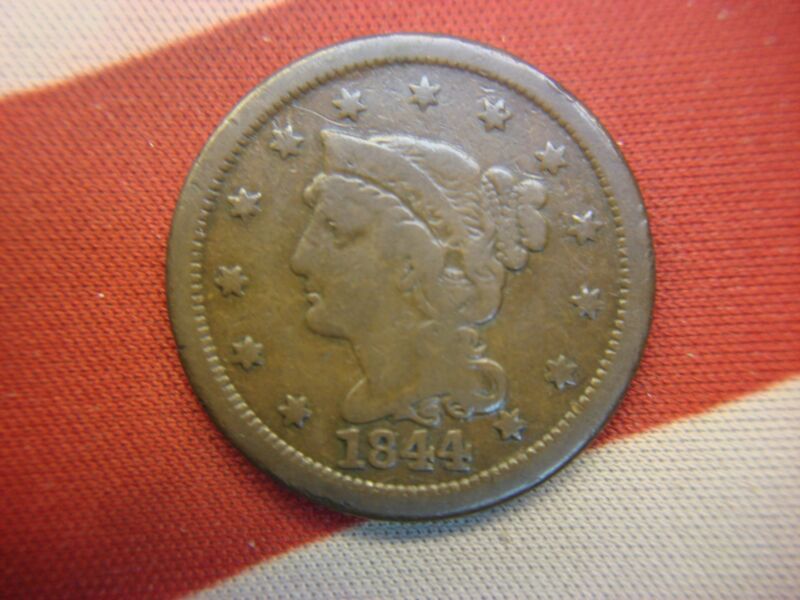 1844 U.S. Large Cent - Braided Hair Early Copper Coin