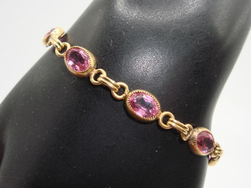Vintage 14K gold filled tennis bracelet with pink faux sapphires