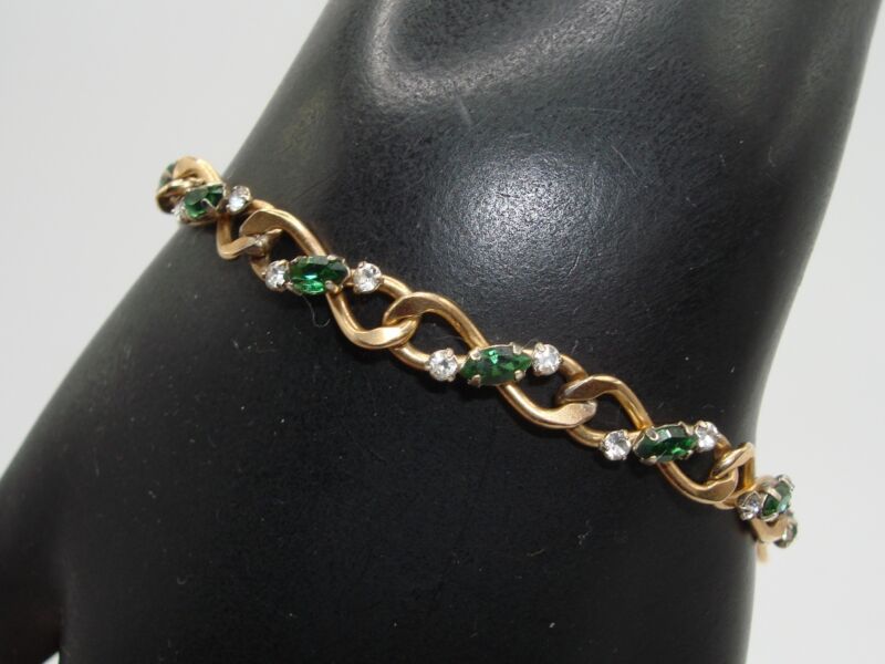 Vintage Krementz gold-tone bracelet with faux emerald and diamond accents, 7.5 inches