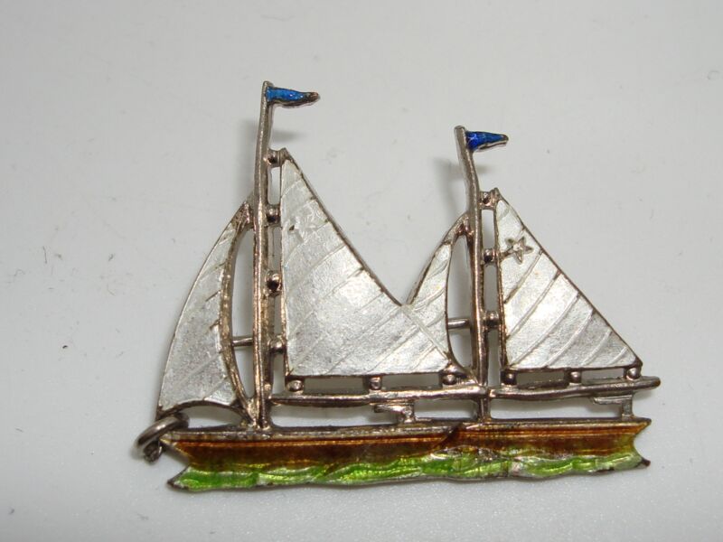 Vintage cloisonné enamel sailboat brooch pin, blue, white, and green, 1940s-1960s