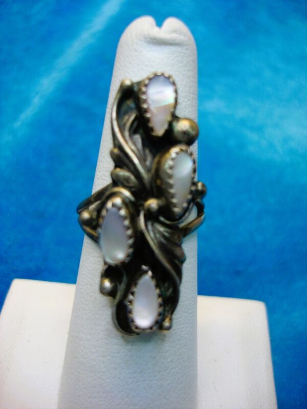 Vintage Native American Sterling Silver Ring with Mother of Pearl, Size 6.5