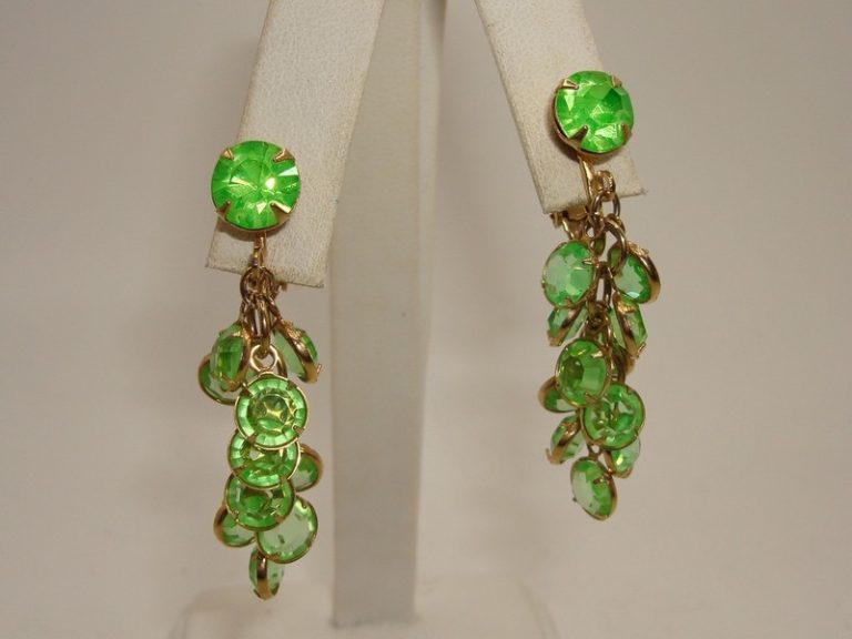 Vintage Peridot Green Chandelier Clip-On Earrings