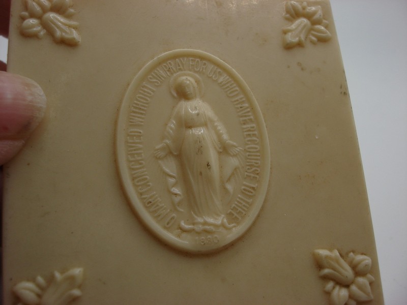 Antique Bakelite Lourdes Holy Water Container with Original Lambskin Pouch