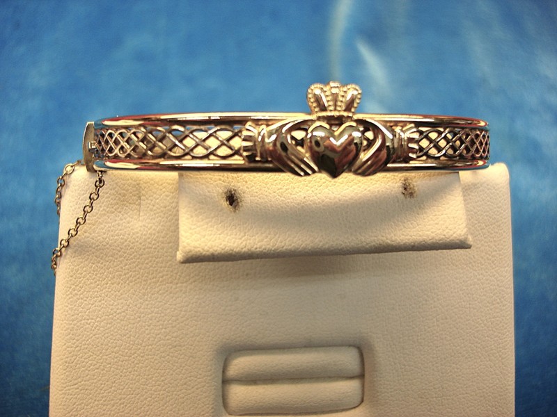 Gold filled and sterling silver Claddagh hinged bangle bracelet