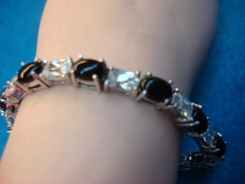 Sterling Silver Onyx & White Stone Bracelet - 7 Inch, Double Lock Clasp - Pre-Owned