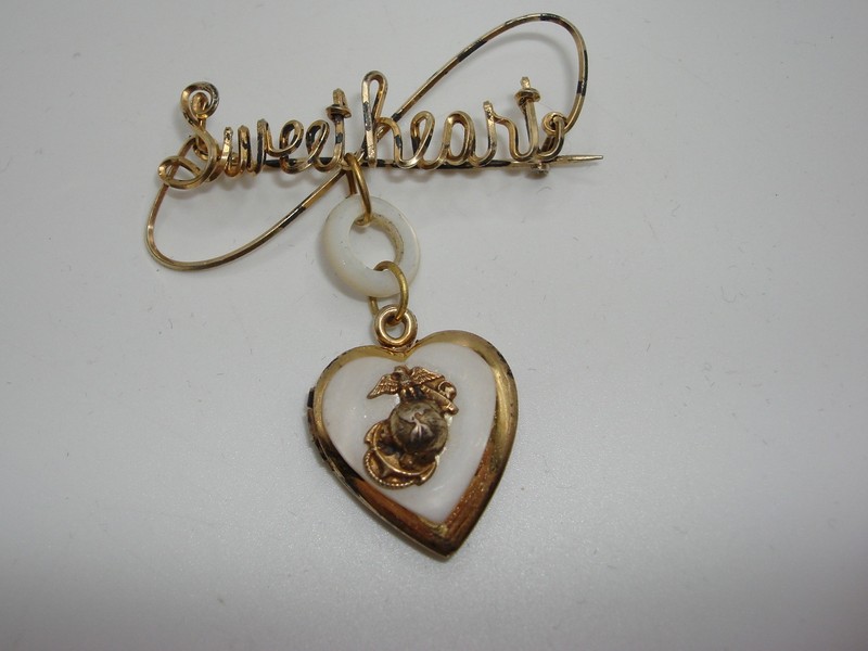 Vintage WWII USMC Sweetheart Locket Pin | Gold Over Sterling, MOP - Rare Find!