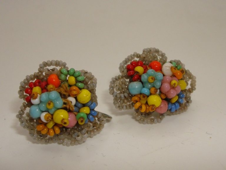 Vintage 1950s Haskell inspired beaded screw back earrings with colorful floral design.