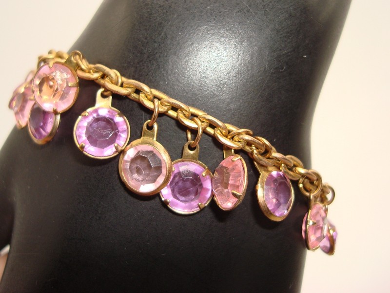 Vintage 1960s-70s pink and purple glass bezel set bracelet in gold tone