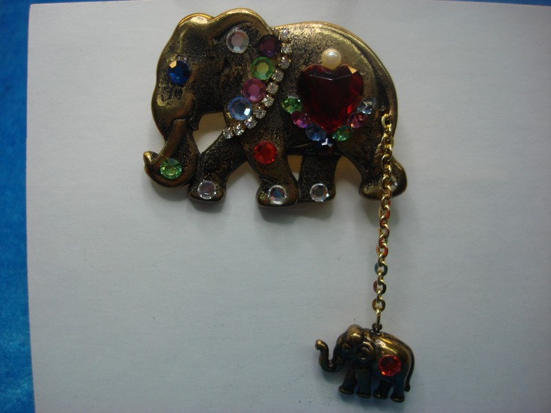 Vintage Elephant & Calf Pin with Multicolored Stone Accents