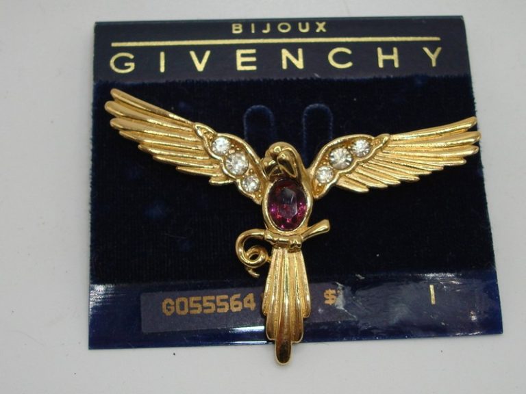 Vintage Givenchy Bijoux bird brooch with amethyst and rhinestones, original card