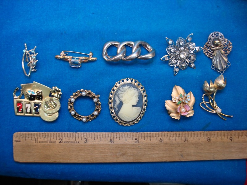 Set of ten vintage costume pins, unique and usable treasures
