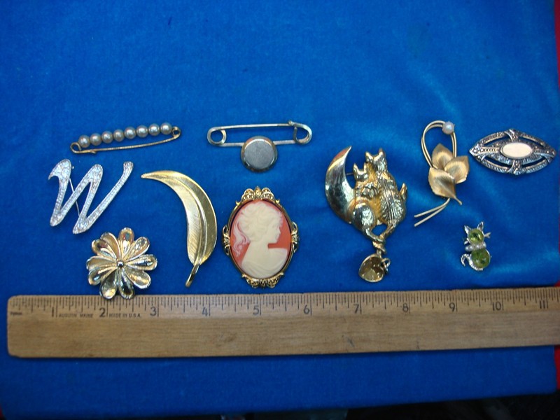 Vintage estate jewelry lot of 10 unique pins, costume and collectible treasures