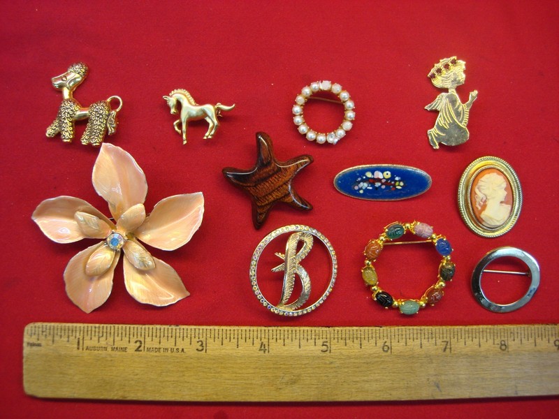 Lot of 10 Vintage Costume Pins, Estate Jewelry