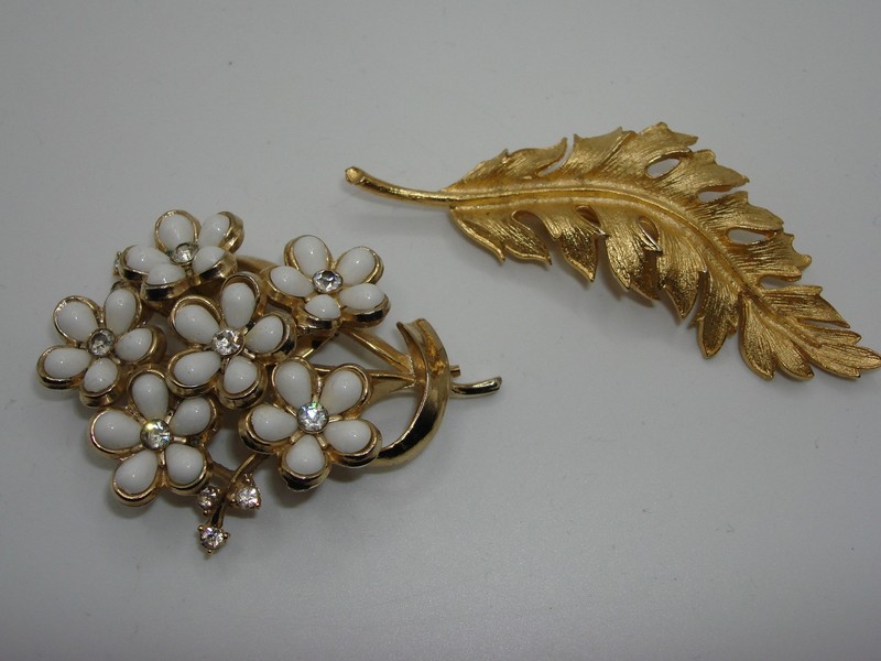 Vintage Coro brooches, gold tone leaf and floral designs, 1960s-70s