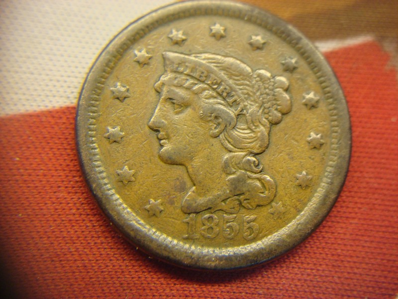 1855 US Large Cent coin with natural wear and braided hair design