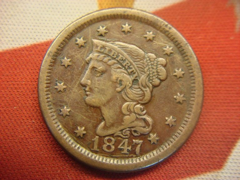 1847 U.S. Braided Hair Large Cent Copper Coin