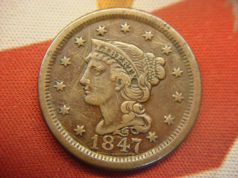 1847 U.S. Braided Hair Large Cent Copper Coin