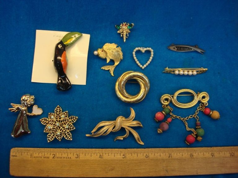 Lot of 10 vintage costume pins, unique and usable estate jewelry finds