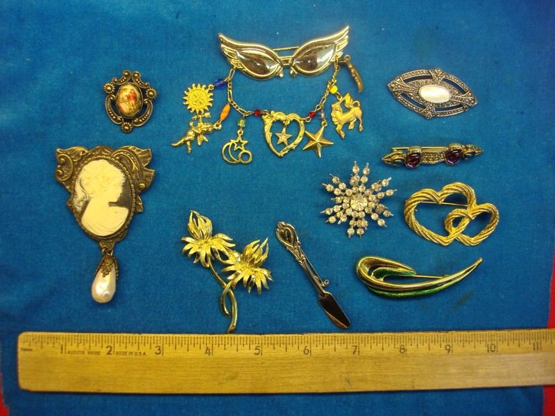 Vintage estate jewelry lot of 10 unique and usable costume pins