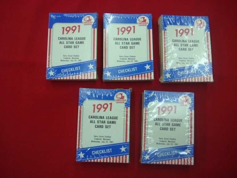 Five factory-sealed 1991 Carolina League All-Star Procards baseball card sets featuring Javy Lopez