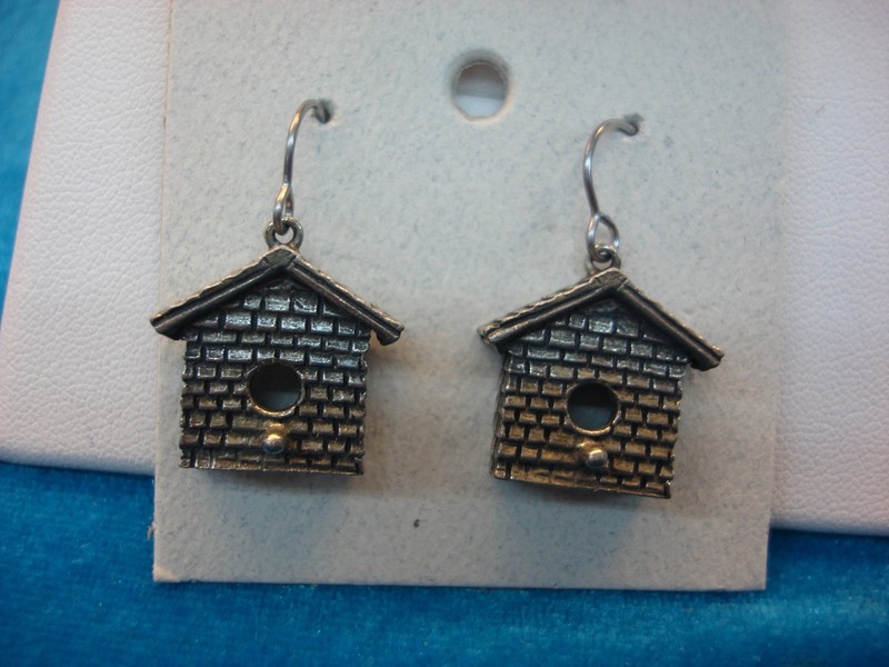 Handcrafted pewter birdhouse earrings