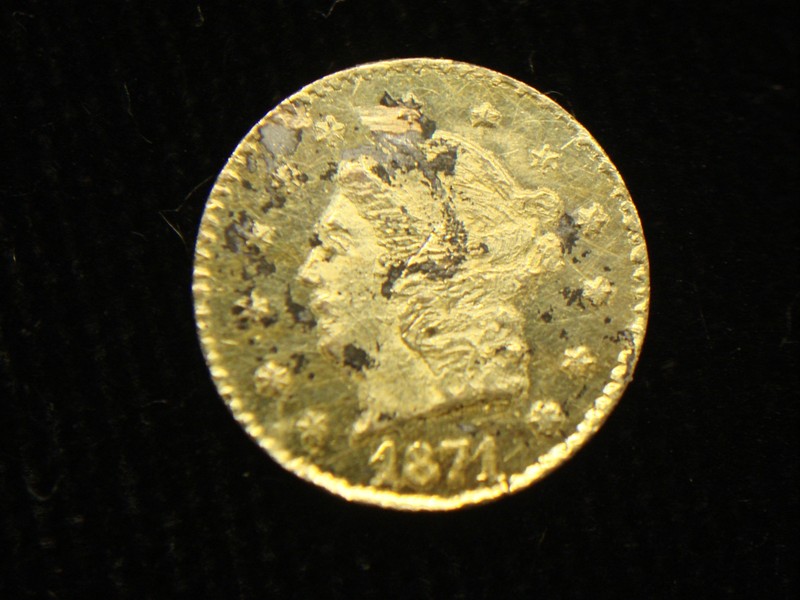 1871 California Gold 1/4 Dollar Coin - Genuine Liberty Head
