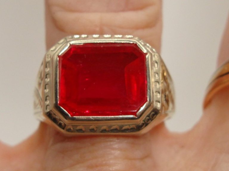Antique Art Nouveau 10K Two-Tone Gold Synthetic Ruby Ring, Size 9.5