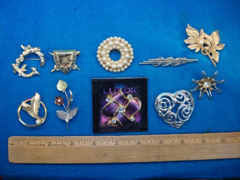 Vintage costume pins, lot of 10, unique estate jewelry treasures