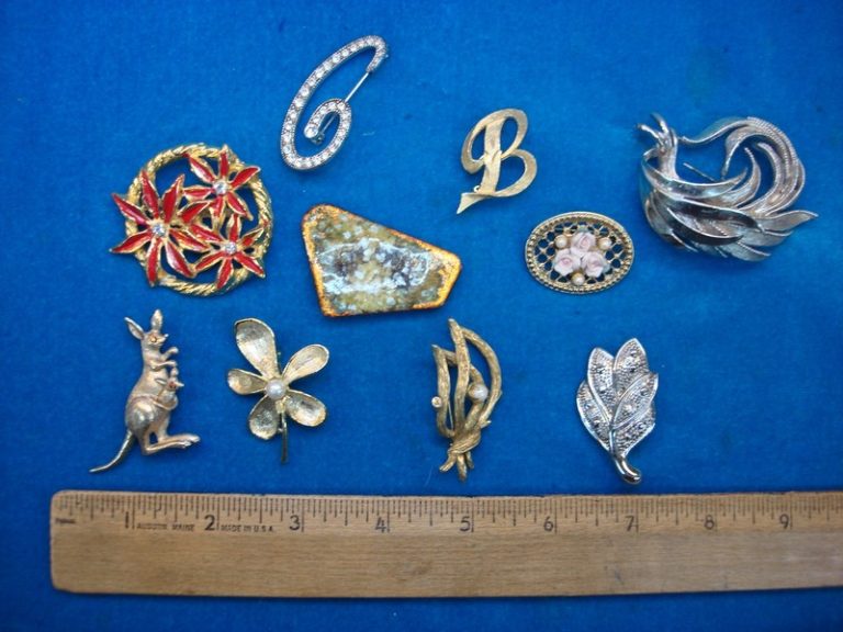 Set of ten vintage costume pins in various designs.